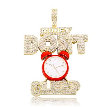 Imagem de ICEDIAMOND 14K Iced Out Big Clock Money Não Durma Excitação Colar Pingente, Banhado A Ouro Hip Hop Charme Jóias para Homens
