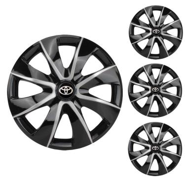 Imagem de Jogo Calota Aro 14 Prime Black Silver Elitte Preto Prata + Emblema Resinado Toyota (Corolla Etios Yaris)
