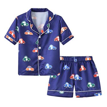 Imagem de Conjunto de pijama de cetim curto para meninos e meninas clássico de seda infantil 2 peças de pijama de manga curta com botões, Azul, 12-24 meses