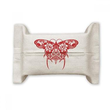 Imagem de Bolsa de linho de algodão com borboleta chinesa em vermelho para lenços faciais