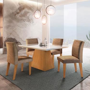 Imagem de Conjunto de Mesa de Jantar Luna com Tampo Off White e 4 Cadeiras Grécia Suede Chocolate e Imbuia