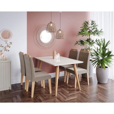 Imagem de Conjunto de Mesa de Jantar Adele com Tampo de Vidro Off White e 4 Cadeiras Estofadas Paola Suede Joli e Madeira