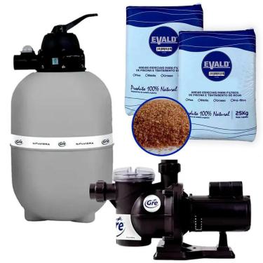 Imagem de kit Bomba Piscina 1/3 CV e Filtro Piscina GRE 300 Fluidra + Areia 25 KG 2 Uni EVALD 