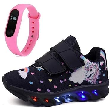 Imagem de Tenis Infantil De Led Unicornio Calce Facil Meninas LIGHT + Relogio Cor:Preto;Tamanho:20