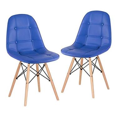 Imagem de Loft7 Home Decor, Kit 2 Cadeiras Charles Eames Eiffel, Assento Estofado Botonê, Pés Em Madeira Clara E Elegante Versátil Sala De Jantar Cozinha Cafeteria Quarto, Azul