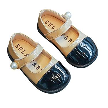 Imagem de Chinelos para meninas de cordeiro design de pérola de couro macio redondo design de duas cores princesa meninas meninas sandálias tamanho 11, Cáqui, 9 Toddler