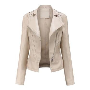 Imagem de Jaqueta feminina de couro com contas jaqueta feminina de manga comprida lapela roupas de motociclista jaqueta fina, Off-white, PP