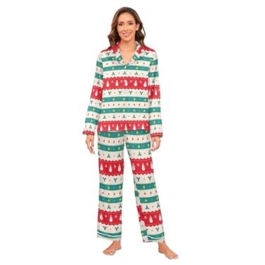 Imagem de KLL Pijama de seda verde vermelho bege bonito Feliz Natal pijama de cetim leve e confortável para, Verde Vermelho Bege Fofo Feliz Natal, XXG