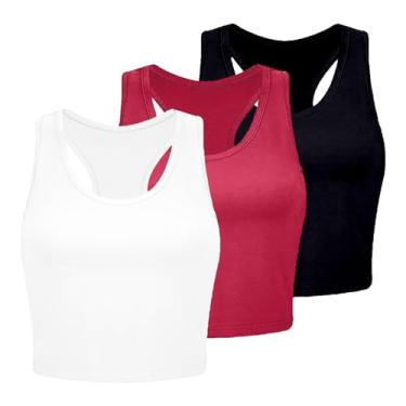 Imagem de 3 peças regatas femininas de algodão básicas costas nadador sem mangas esportivas para treino, Tops de verão azul-claro, G