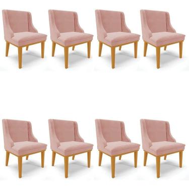 Imagem de Kit 8 Cadeiras Estofadas Para Sala De Jantar Base Fixa De Madeira Castanho Lia Veludo Rosê