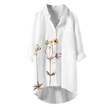 Imagem de Camisetas femininas com estampa floral folgada, gola alta, rayon para mulheres, cardigã de inverno e outono 2024, R-589 Amarelo Mostarda, XXG