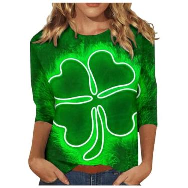Imagem de Camiseta feminina divertida de manga 3/4 Lucky Clover St Patricks Day Camiseta Shamrock Irish Tops Regular Fit Casual Graphic Camisetas, Bege, XXG
