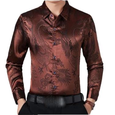 Imagem de Camisa masculina de cetim de seda lisa vermelho vinho jacquard chinês, caimento justo, manga comprida, abotoada, Marrom, M