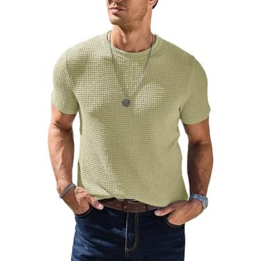 Imagem de Camiseta masculina casual gola redonda manga curta malha macia camiseta masculina verão praia malha waffle texturizado cor lisa tops, Amarelo, verde, GG
