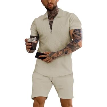 Imagem de URRU Conjunto masculino de camisa polo e shorts, roupas de verão, moda casual, manga curta, conjunto de 2 peças, Caqui, GG