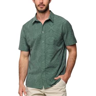 Imagem de INTO THE AM Camisa masculina casual de botão Green Leaf - Camisa de manga curta havaiana para férias relaxada com botões, Folha verde, G