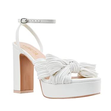 Imagem de LUMUTA Salto plataforma plissado nó laço sandálias grossas bico aberto sapatos de casamento, Branco, 39