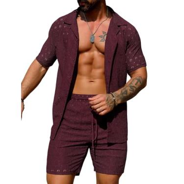 Imagem de URRU Conjunto masculino de 2 peças de verão para praia, transparente, manga curta, floral, renda, conjunto de camisetas e shorts, Vinho tinto, G
