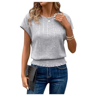Imagem de RoseSeek Camiseta feminina de malha canelada leve, manga cavada, gola redonda, casual, elegante, camiseta de verão, Cinza, P