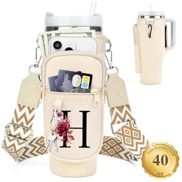 Imagem de LOKASS Suporte de garrafa de água personalizado com alça para acessórios Stanley Cup Tumbler de 1,134 g, bolsa de transporte inicial para garrafa de água com bolso para telefone, para mulheres, ideal