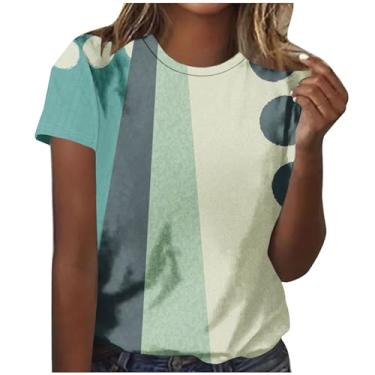Imagem de MaMiDay Camiseta feminina estampada de patchwork 2024 verão moderna manga curta gola redonda camiseta pulôver leve macio, Azul claro, 4G