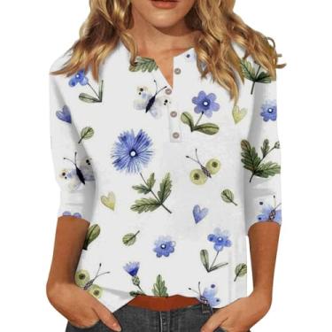 Imagem de Camisetas femininas casuais 2024 manga 3/4 com estampa floral, botão e gola V, blusas básicas de verão, Azul, M