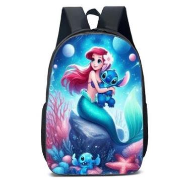 Imagem de MOCHILA ESCOLA INFANTIL JUVENIL ANIME PRINCESA ARIEL E STITCH SENTADA NA PEDRA-Unissex