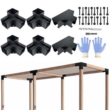 Imagem de VoTwoofv Kit de suporte de pérgola, suporte de madeira de ângulo direito de 3 vias e 4 vias para 10 cm x 10 cm (real: 8,9 cm x 3,5 pol.) Viga de madeira para gazebos ao ar livre, pérgulas de pátio,
