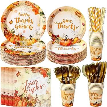 Imagem de Artigos de festa outono conjunto de pratos e guardanapos de ação de graças aquarela pumkin bordo descartável talheres de papel guardanapos copos facas colheres garfos canudos para dar graças decoração de festa servir 50
