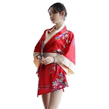 Imagem de SINGUYUN Roupão de banho feminino quimono anime japonês lingerie cosplay conjunto de roupa íntima Yukata sexy, 1306 vermelho, One Size