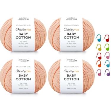 Imagem de HobbyMia Fio de algodão para bebês para crochê - 50 g / 180 m - (2) fio fino, peso esportivo - fio Amigurumi para linha de crochê - 60% algodão e 40% acrílico e 10 pontos (sal do Himalaia, 4 bolas)