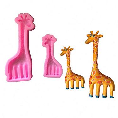 Imagem de 2 peças/conjunto mãe e filho girafa fondant moldes animal silicone goma pasta açúcar papel argila molde bolo ferramenta de decoração