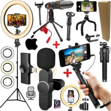 Imagem de Kit Youtuber Microfone Sem Fio Celular Ios Tripé Luz Led Ring LIght Gr