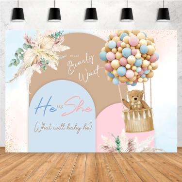Imagem de Aperturee Urso de 2,1 x 1,5 m Fundo de arco revelador de gênero We Can Bearly Wait Balões azuis rosa com glitter dourado boho fotografia fundo banner festa decoração de mesa decoração de mesa de fotos