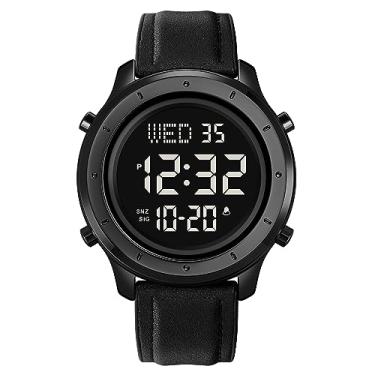 Imagem de Gosasa Relógio masculino multifunções LED digital pulseira de couro esporte ao ar livre relógio de pulso masculino casual relógio masculino aço inoxidável à prova d'água cronômetro, Preto, G,