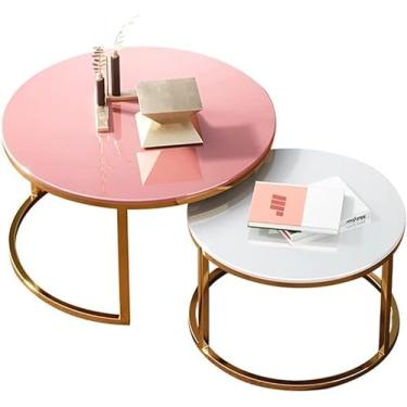 Imagem de Mesa de centro moderna para sala de estar Conjunto de mesa de centro de 2 extremidades com estrutura de metal, mesas aninhadas Chassis de processo PVD de titânio de vidro temperado colorido