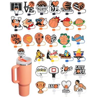 Imagem de Pacote com 30 tampas de palha de basquete para copos, 10 mm bonito topo de palha à prova de poeira para garrafas de água Stanley copos acessórios presentes para mulheres lembrancinhas de festa