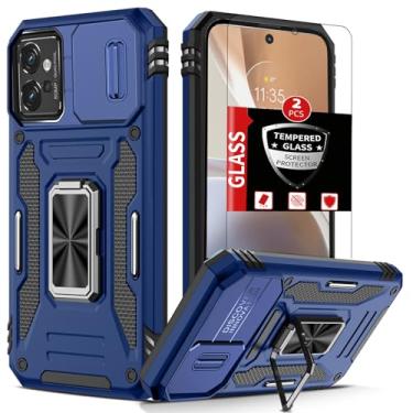 Imagem de FRLMOOES Capa para Motorola Moto G32 com 2 películas de vidro temperado, com anel de suporte e capa de câmera deslizante, para Motorola Moto G32, capa de proteção de grau militar à prova de choque,