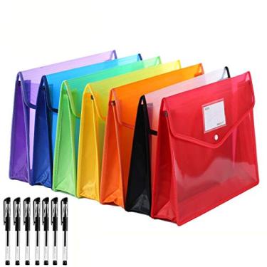 Imagem de Abgream Pacote com 7 Pasta de arquivos – Envelopes de poliéster expansíveis pasta de documentos de plástico fecho de botão, bolsa de arquivo à prova d'água com 7 peças de canetas de tinta de gel preta para materiais escolares de escritório (cores sortidas)