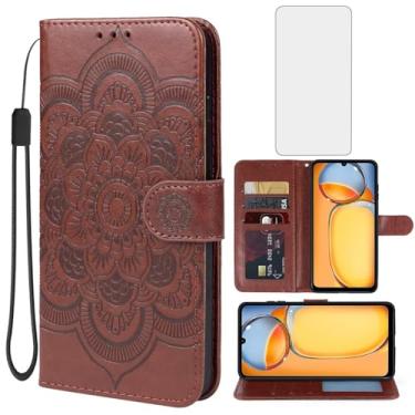 Imagem de Bohefo Capa para Redmi 13C (4G/5G)/Poco M6 5G/Poco C65/Redmi 13R 5G Capa carteira com protetor de tela de vidro temperado, suporte para cartão de crédito de couro para Xiaomi Redmi 13C marrom