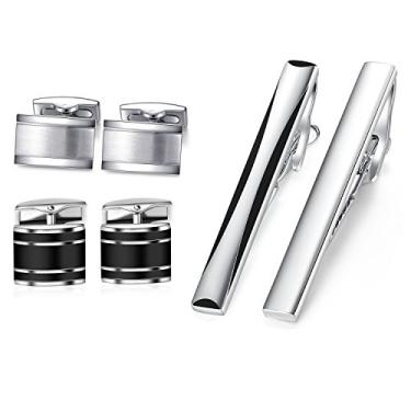 Imagem de HONEY BEAR Conjunto de abotoaduras e prendedor de gravata masculino retangular para presente de casamento de negócios, Aço inoxidável