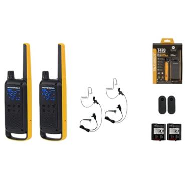 Imagem de Motorola Solutions Rádio bidirecional portátil FRS Talkabout T470, recarregável, pacote com 2, Walkie Talkies, preto/amarelo, 22 canais com 2 fones de ouvido PTT de vigilância