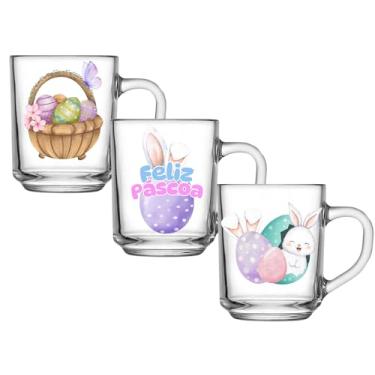 Imagem de Conjunto 3 Canecas de Vidro Resistente 225ml Personalizado Coleção Páscoa Acabamento Delicado Coelho Fofo Presente Kit Decorado