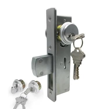 Imagem de Fechadura de porta comercial com fecho, fechadura de encaixe de porta de loja, fechadura giratória e combinação de cilindro, com chave para portas de loja de liga de alumínio/zinco, fundo prateado de