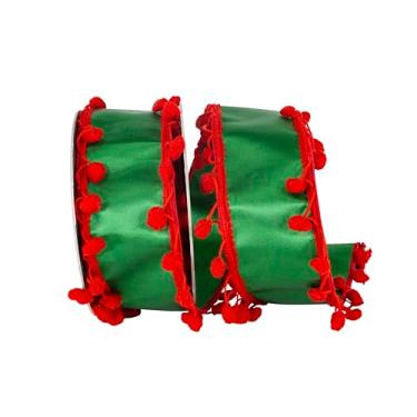Imagem de Reliant Ribbon Fita de borda com fio Dupioni Deluxe com pompom, verde/vermelho
