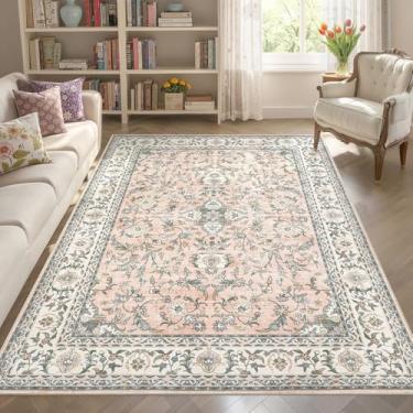 Imagem de Tortania Tapete de área tapetes de sala de estar: 12 x 18 cm lavável vintage floral oriental fazenda grande tapete interno fino para quarto embaixo da mesa de jantar escritório em casa - salmão/creme