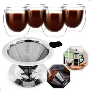 Imagem de Kit Café Premium, Prensa Francesa 600ml, 4 Copos Vidro Parede Dupla 80ml, Filtro Permanente em Aço Inox