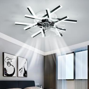 Imagem de Ventilador de teto moderno com lustre preto, luzes LED de memória reguláveis, temporizador de 6 velocidades, controle remoto e aplicativo, ventilador reversível silencioso para sala de estar