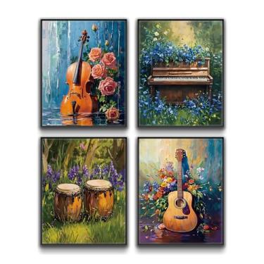 Imagem de QPOKLAF Decoração de arte de parede de música retrô aquarela impressão em tela botânica instrumento musical e impressão de flores, decoração de sala de aula de música rock, conjunto de 4 (20 x 25 cm,