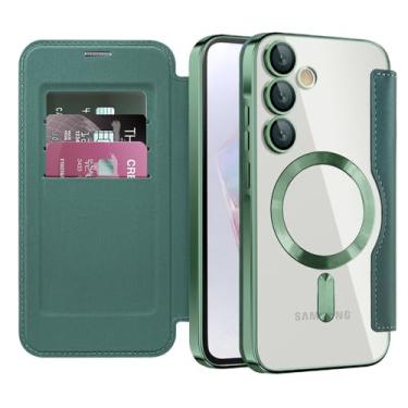Imagem de Capa de celular luxuosa de couro com fecho magnético e clipe para cartão para Samsung S24 S23 Ultra FE S22 Plus A55 A35 5G, capa carteira transparente, verde escuro, para Galaxy A55 5G